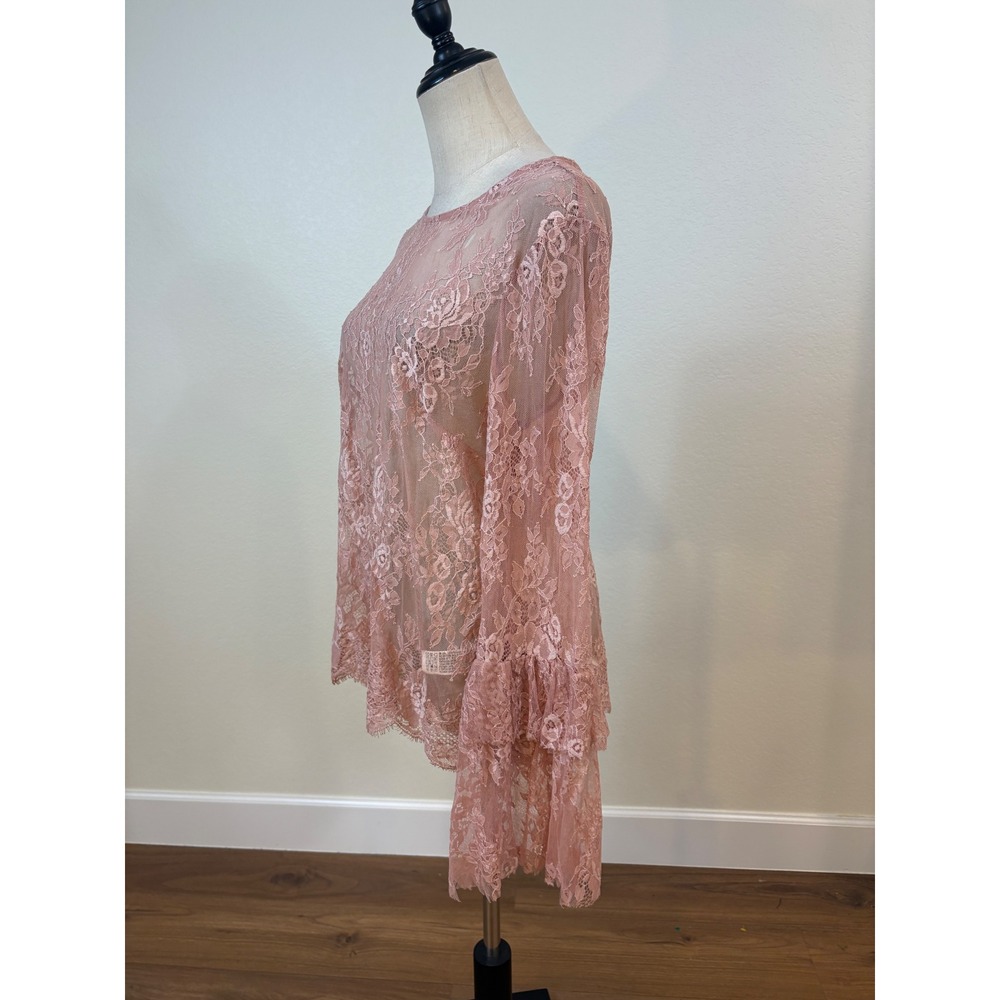 Sheer Lace Top Women L Pink Boho Whimsy Romantic Bell Sleeve Coquette Fairy - Picture 3 of 6